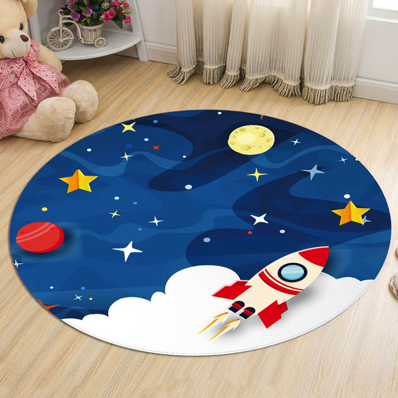 Dark Blue Kids Rug Polyester Spaceship and Star Pattern Rug Pet Friendly Washable Anti-Slip Backing Carpet for Decoration Blue Clearhalo 'Area Rug' 'Rug' 1725280