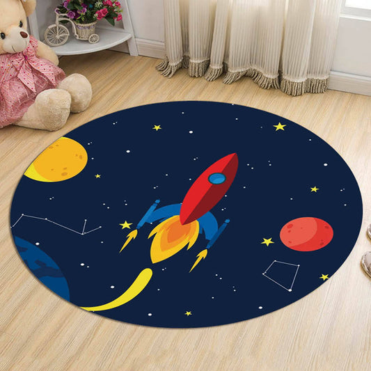 Dark Blue Kids Rug Polyester Spaceship and Star Pattern Rug Pet Friendly Washable Anti-Slip Backing Carpet for Decoration Dark Blue