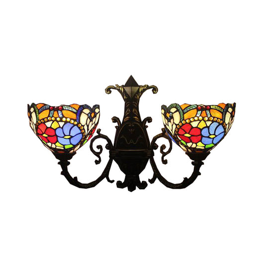 Victorian Flower Sconce Lighting 2 Lights Stained Glass Wall Lighting in Antique Bronze for Bedroom Clearhalo 'Industrial' 'Middle century wall lights' 'Tiffany wall lights' 'Tiffany' 'Wall Lamps & Sconces' 'Wall Lights' Lighting' 172528