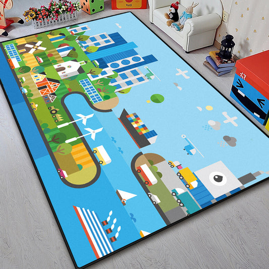 Unique Island Pattern Rug with Tree Blue and Green Kids Rug Polyester Washable Pet Friendly Anti-Slip Carpet for Children's Room Sky Blue