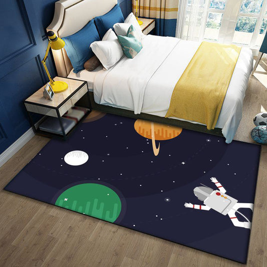 Kids Outer Space Pattern Rug with Spaceship Multicolor Polyester Rug Washable Pet Friendly Non-Slip Area Rug for Child's Bedroom Black