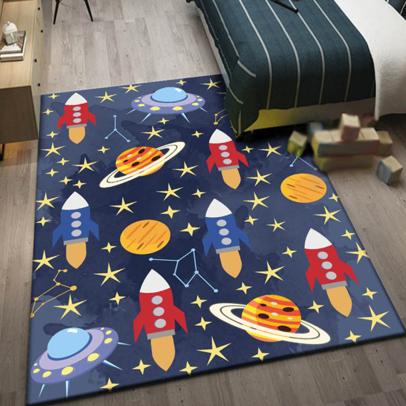 Kids Outer Space Pattern Rug with Spaceship Multicolor Polyester Rug Washable Pet Friendly Non-Slip Area Rug for Child's Bedroom Blue Clearhalo 'Area Rug' 'Rug' 1725460
