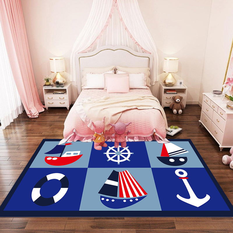 Kids Ship Pattern Rug with Anchor Blue Polyester Rug Washable Pet Friendly Non-Slip Area Rug for Child's Bedroom Blue Clearhalo 'Area Rug' 'Rug' 1725556