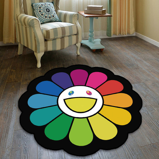 Colorful Flower Pattern Rug Black Multicolor Kids Rug Polyester Pet Friendly Washable Area Rug for Nursery Green