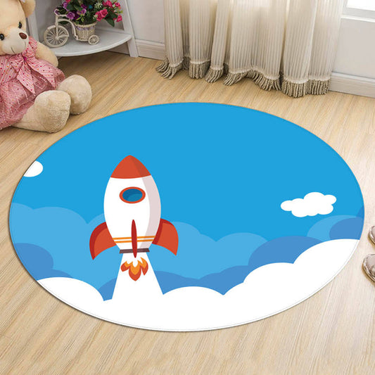 Unique Spaceship Pattern Rug with Planet Black and Red Kids Rug Polyester Washable Pet Friendly Anti-Slip Carpet for Children's Room Sky Blue