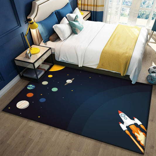 Stylish Outer Space Pattern Rug Blue and Black Kids Rug Polyester Washable Pet Friendly Anti-Slip Carpet for Children's Room Navy