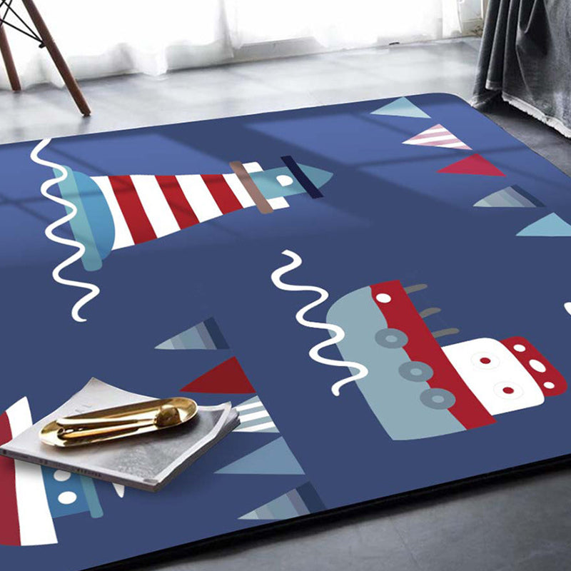 Blue Kids Rug Polyester Lighthouse and Ship Pattern Rug Pet Friendly Washable Anti-Slip Backing Carpet for Decoration Blue Clearhalo 'Area Rug' 'Rug' 1725816