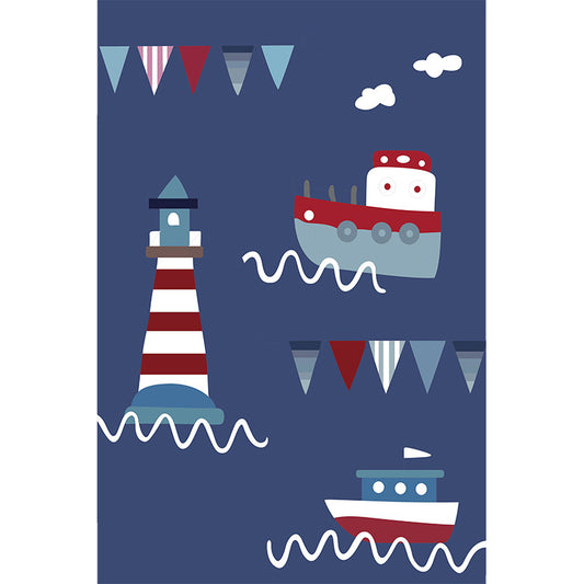 Blue Kids Rug Polyester Lighthouse and Ship Pattern Rug Pet Friendly Washable Anti-Slip Backing Carpet for Decoration