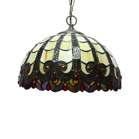 12" W Stained Glass Dining Room Lighting Adjustable Tiffany Jeweled Ceiling Pendant Lamp in Beige Clearhalo 'Ceiling Lights' 'Close To Ceiling Lights' 'Industrial' 'Middle Century Pendants' 'Pendant Lights' 'Pendants' 'Tiffany close to ceiling' 'Tiffany Pendants' 'Tiffany' Lighting' 172581