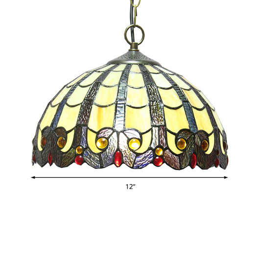 12" W Stained Glass Dining Room Lighting Adjustable Tiffany Jeweled Ceiling Pendant Lamp in Beige Clearhalo 'Ceiling Lights' 'Close To Ceiling Lights' 'Industrial' 'Middle Century Pendants' 'Pendant Lights' 'Pendants' 'Tiffany close to ceiling' 'Tiffany Pendants' 'Tiffany' Lighting' 172582