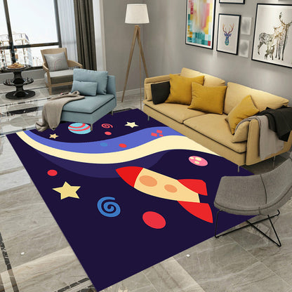 Kids Spaceship Pattern Rug with Planet Dark Blue Polyester Rug Washable Pet Friendly Non-Slip Area Rug for Child's Bedroom Dark Blue Clearhalo 'Area Rug' 'Rug' 1725863
