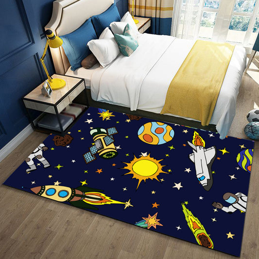 Black and Blue Kids Rug Polyester Outer Space and Beach Pattern Rug Pet Friendly Washable Anti-Slip Backing Carpet for Decoration Yellow