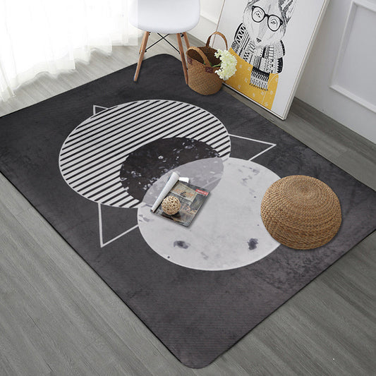 Modern Geometric Pattern Rug with Stripe Grey Multicolor Polyester Rug Washable Pet Friendly Non-Slip Area Rug for Living Room Black