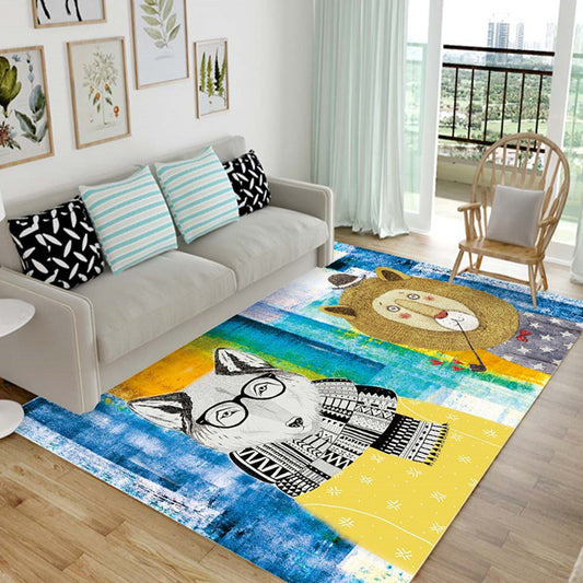 Kids Animal Pattern Rug Black and Blue Acrylic Rug Washable Pet Friendly Non-Slip Area Rug for Child's Bedroom Blue