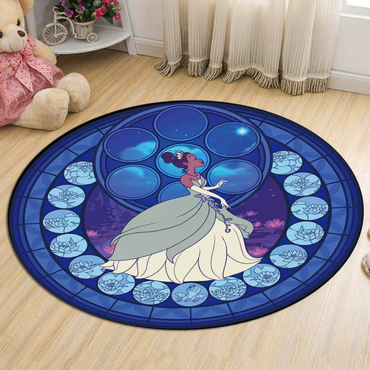 Kids Cartoon Princess Pattern Rug Multicolor Polyester Rug Washable Pet Friendly Non-Slip Area Rug for Child's Bedroom Dark Blue
