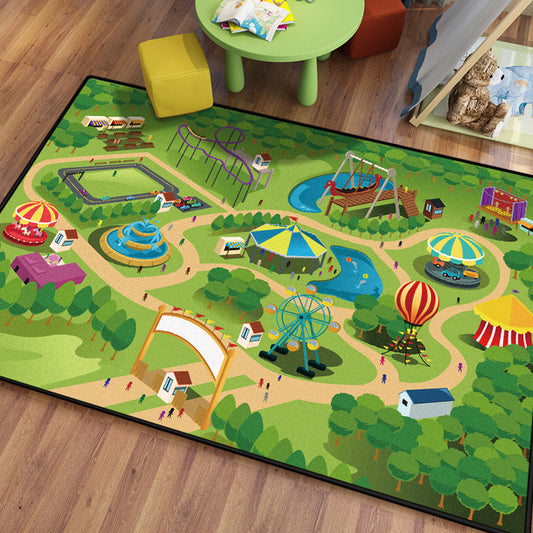 Stylish House Pattern Rug with River Green and Blue Kids Rug Polyester Pet Friendly Washable Area Rug for Nursery Dark Green