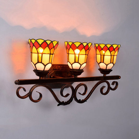 Stained Glass Bell Vanity Lighting Vintage Tiffany 3 Lights Wall Sconce Light in Yellow/Red/Clear for Bathroom Red Clearhalo 'Industrial' 'Middle century wall lights' 'Tiffany wall lights' 'Tiffany' 'Wall Lamps & Sconces' 'Wall Lights' Lighting' 172612