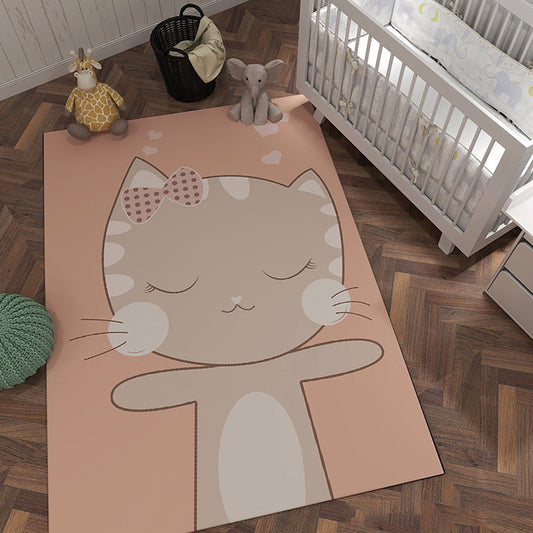 Unique Cartoon Animal Pattern Rug with Star Black and Pink Kids Rug Polyester Washable Pet Friendly Anti-Slip Carpet for Children's Room Pink