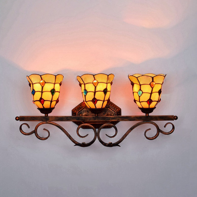 Stained Glass Bell Vanity Lighting Vintage Tiffany 3 Lights Wall Sconce Light in Yellow/Red/Clear for Bathroom Yellow Clearhalo 'Industrial' 'Middle century wall lights' 'Tiffany wall lights' 'Tiffany' 'Wall Lamps & Sconces' 'Wall Lights' Lighting' 172616