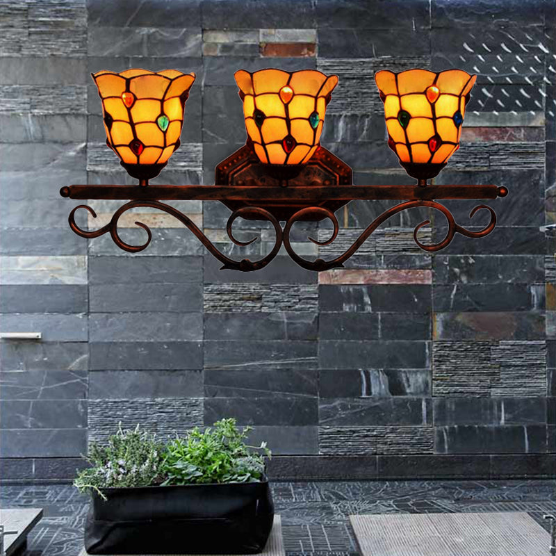 Stained Glass Bell Vanity Lighting Vintage Tiffany 3 Lights Wall Sconce Light in Yellow/Red/Clear for Bathroom Clearhalo 'Industrial' 'Middle century wall lights' 'Tiffany wall lights' 'Tiffany' 'Wall Lamps & Sconces' 'Wall Lights' Lighting' 172617