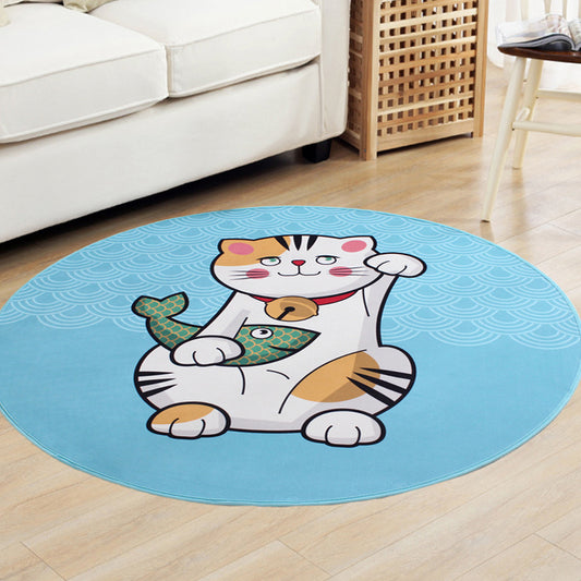 Kids Cat Pattern Rug Blue and Pink Polyester Rug Washable Pet Friendly Non-Slip Area Rug for Child's Bedroom