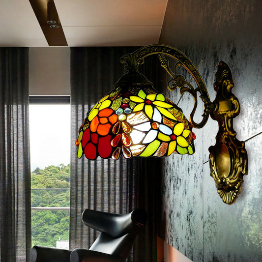 Floral Wall Sconce Light Vintage Loft Style 1 Light Stained Glass Up/Down Indoor Lighting Fixture in Red Red Down Clearhalo 'Industrial' 'Middle century wall lights' 'Tiffany wall lights' 'Tiffany' 'Wall Lamps & Sconces' 'Wall Lights' Lighting' 172633