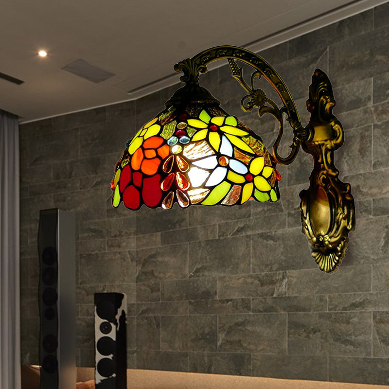 Floral Wall Sconce Light Vintage Loft Style 1 Light Stained Glass Up/Down Indoor Lighting Fixture in Red Clearhalo 'Industrial' 'Middle century wall lights' 'Tiffany wall lights' 'Tiffany' 'Wall Lamps & Sconces' 'Wall Lights' Lighting' 172634