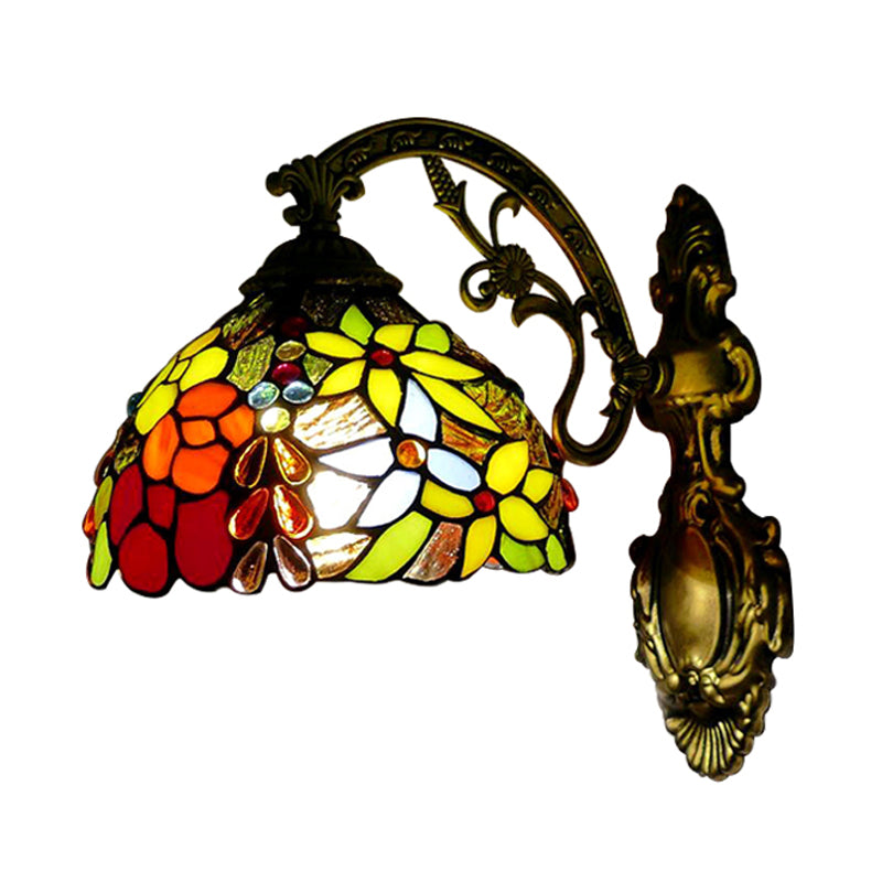 Floral Wall Sconce Light Vintage Loft Style 1 Light Stained Glass Up/Down Indoor Lighting Fixture in Red Clearhalo 'Industrial' 'Middle century wall lights' 'Tiffany wall lights' 'Tiffany' 'Wall Lamps & Sconces' 'Wall Lights' Lighting' 172635