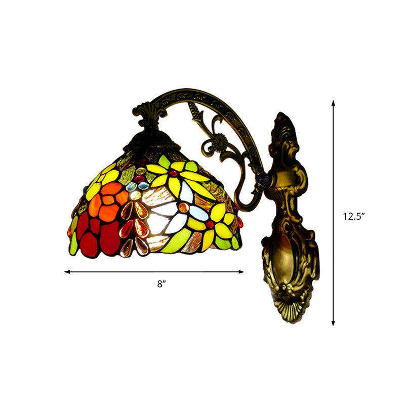 Floral Wall Sconce Light Vintage Loft Style 1 Light Stained Glass Up/Down Indoor Lighting Fixture in Red Clearhalo 'Industrial' 'Middle century wall lights' 'Tiffany wall lights' 'Tiffany' 'Wall Lamps & Sconces' 'Wall Lights' Lighting' 172636