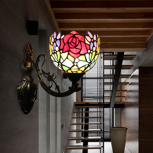Floral Wall Sconce Light Vintage Loft Style 1 Light Stained Glass Up/Down Indoor Lighting Fixture in Red Red Up Clearhalo 'Industrial' 'Middle century wall lights' 'Tiffany wall lights' 'Tiffany' 'Wall Lamps & Sconces' 'Wall Lights' Lighting' 172637
