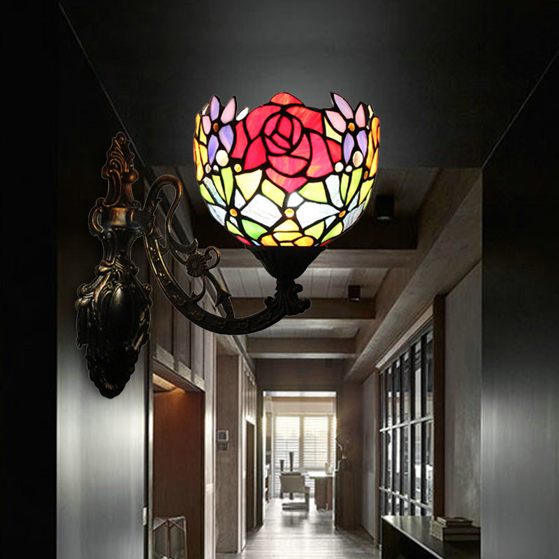 Floral Wall Sconce Light Vintage Loft Style 1 Light Stained Glass Up/Down Indoor Lighting Fixture in Red Clearhalo 'Industrial' 'Middle century wall lights' 'Tiffany wall lights' 'Tiffany' 'Wall Lamps & Sconces' 'Wall Lights' Lighting' 172638