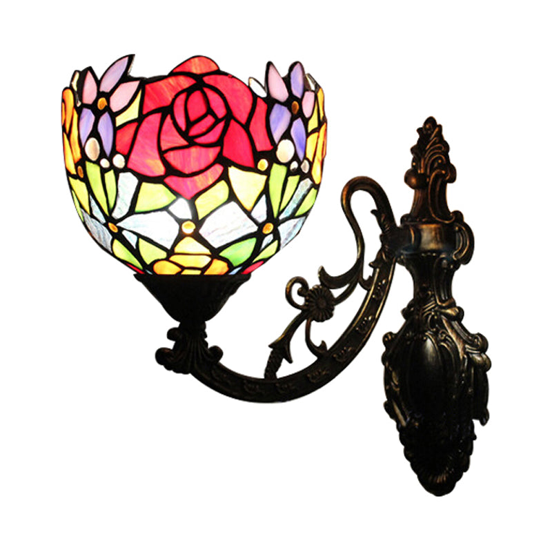 Floral Wall Sconce Light Vintage Loft Style 1 Light Stained Glass Up/Down Indoor Lighting Fixture in Red Clearhalo 'Industrial' 'Middle century wall lights' 'Tiffany wall lights' 'Tiffany' 'Wall Lamps & Sconces' 'Wall Lights' Lighting' 172639