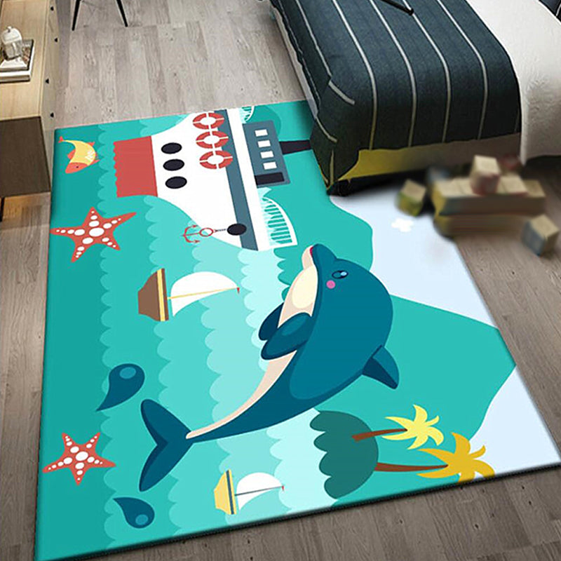 Kids Ship Pattern Rug with Dolphin Blue Polyester Rug Washable Pet Friendly Non-Slip Area Rug for Child's Bedroom Green Clearhalo 'Area Rug' 'Rug' 1726399