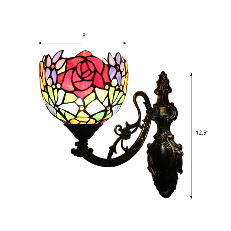 Floral Wall Sconce Light Vintage Loft Style 1 Light Stained Glass Up/Down Indoor Lighting Fixture in Red Clearhalo 'Industrial' 'Middle century wall lights' 'Tiffany wall lights' 'Tiffany' 'Wall Lamps & Sconces' 'Wall Lights' Lighting' 172640