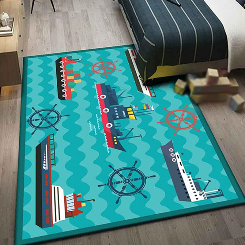Kids Ship Pattern Rug with Dolphin Blue Polyester Rug Washable Pet Friendly Non-Slip Area Rug for Child's Bedroom Dark Green Clearhalo 'Area Rug' 'Rug' 1726406