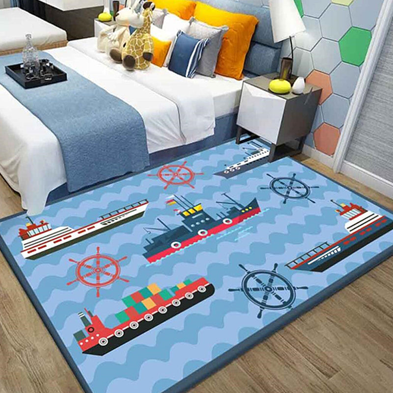 Kids Ship Pattern Rug with Dolphin Blue Polyester Rug Washable Pet Friendly Non-Slip Area Rug for Child's Bedroom Light Blue Clearhalo 'Area Rug' 'Rug' 1726407