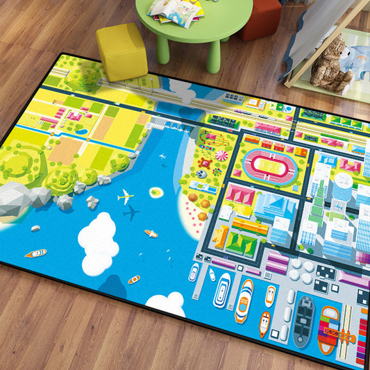 Kids Island Pattern Rug Green and Blue Polyester Rug Washable Pet Friendly Non-Slip Area Rug for Child's Bedroom Sky Blue