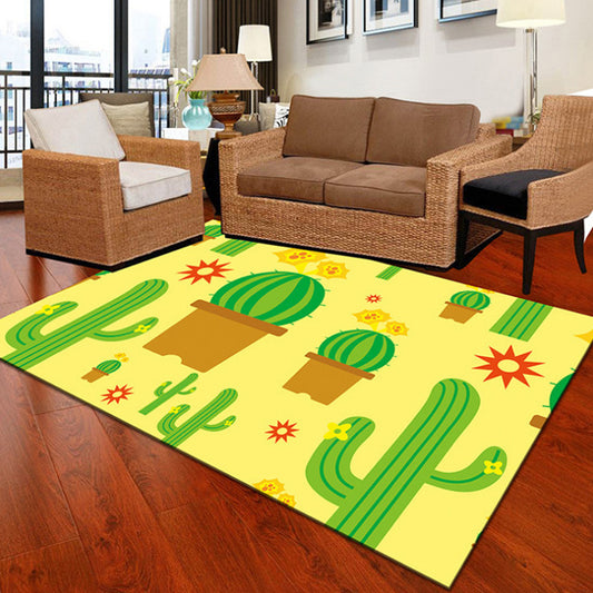 Kids Cactus Pattern Rug Black and Green Polyester Rug Washable Pet Friendly Non-Slip Area Rug for Child's Bedroom Yellow