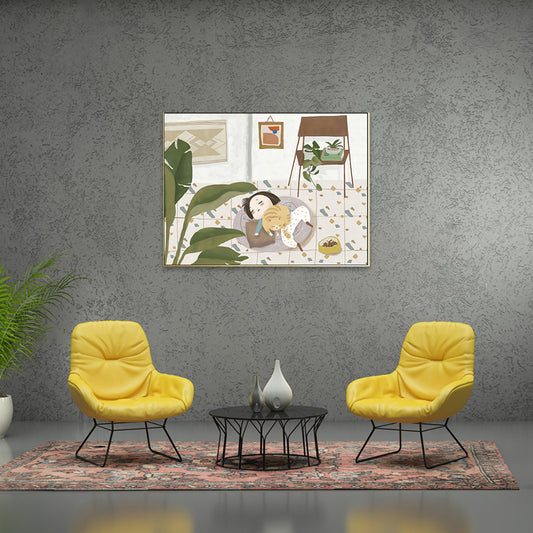 Pastel Color Cartoon Cat Painting Textured Contemporary Style Dining Room Wall Art Green