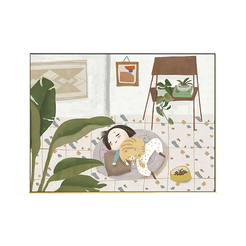 Pastel Color Cartoon Cat Painting Textured Contemporary Style Dining Room Wall Art Clearhalo 'Art Gallery' 'Canvas Art' 'Contemporary Art Gallery' 'Modern' Arts' 1726527