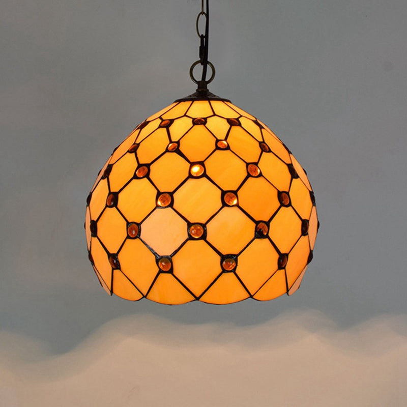 Orb Stained Glass Ceiling Lamp Tiffany Single Light Yellow Pendant Lighting Fixture with Jewel for Porch Clearhalo 'Ceiling Lights' 'Close To Ceiling Lights' 'Industrial' 'Middle Century Pendants' 'Pendant Lights' 'Pendants' 'Tiffany close to ceiling' 'Tiffany Pendants' 'Tiffany' Lighting' 172654