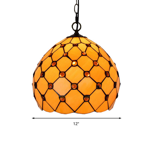 Orb Stained Glass Ceiling Lamp Tiffany Single Light Yellow Pendant Lighting Fixture with Jewel for Porch Clearhalo 'Ceiling Lights' 'Close To Ceiling Lights' 'Industrial' 'Middle Century Pendants' 'Pendant Lights' 'Pendants' 'Tiffany close to ceiling' 'Tiffany Pendants' 'Tiffany' Lighting' 172657