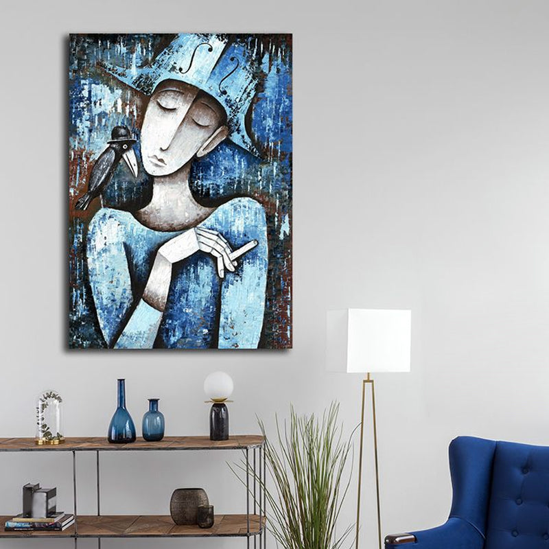 Pastel Color Smoking Girl Painting Abstract Expressionism Textured Canvas Art for Bedroom Blue Clearhalo 'Arts' 'Canvas Art' 1726643