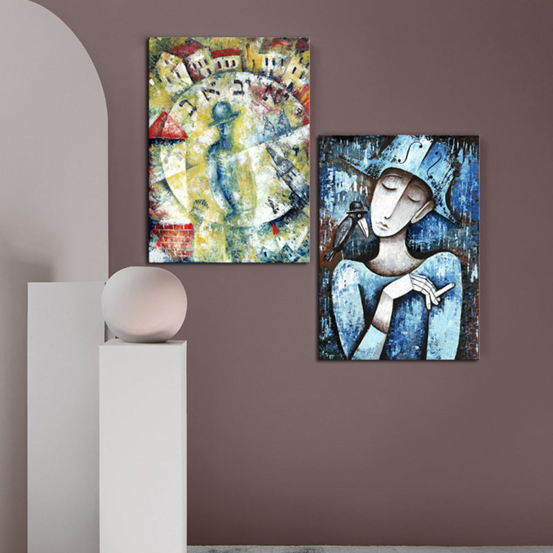 Pastel Color Smoking Girl Painting Abstract Expressionism Textured Canvas Art for Bedroom