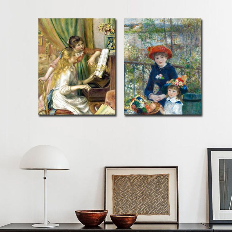 Canvas getextureerde kunstprint impressionisme stijl piano en meisjes schilderen, meerdere maten