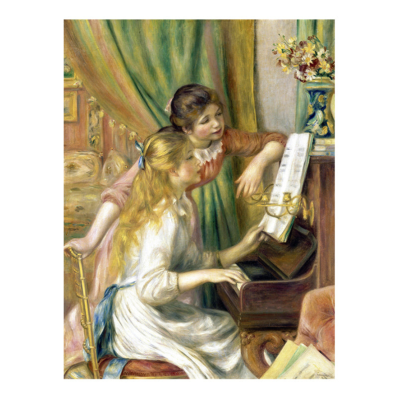 Canvas getextureerde kunstprint impressionisme stijl piano en meisjes schilderen, meerdere maten