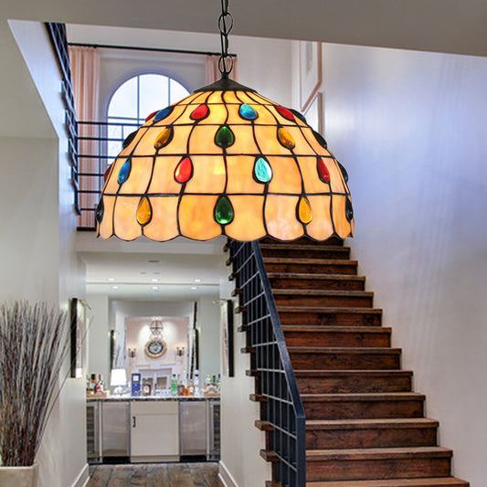 1 Light Stair Pendant Lighting Tiffany Beige Hanging Ceiling Light with Beaded Stained Glass Shade Beige A Clearhalo 'Ceiling Lights' 'Industrial' 'Middle Century Pendants' 'Pendant Lights' 'Pendants' 'Tiffany close to ceiling' 'Tiffany Pendants' 'Tiffany' Lighting' 172672
