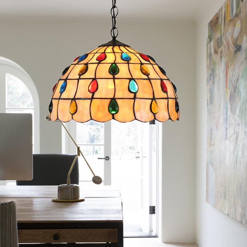 1 Light Stair Pendant Lighting Tiffany Beige Hanging Ceiling Light with Beaded Stained Glass Shade Clearhalo 'Ceiling Lights' 'Industrial' 'Middle Century Pendants' 'Pendant Lights' 'Pendants' 'Tiffany close to ceiling' 'Tiffany Pendants' 'Tiffany' Lighting' 172673