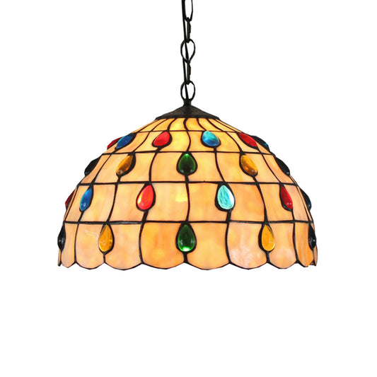 1 Light Stair Pendant Lighting Tiffany Beige Hanging Ceiling Light with Beaded Stained Glass Shade Clearhalo 'Ceiling Lights' 'Industrial' 'Middle Century Pendants' 'Pendant Lights' 'Pendants' 'Tiffany close to ceiling' 'Tiffany Pendants' 'Tiffany' Lighting' 172674
