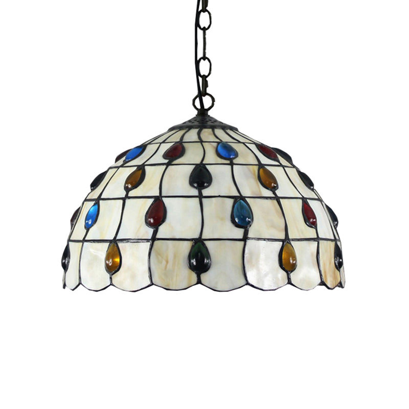 1 Light Stair Pendant Lighting Tiffany Beige Hanging Ceiling Light with Beaded Stained Glass Shade Clearhalo 'Ceiling Lights' 'Industrial' 'Middle Century Pendants' 'Pendant Lights' 'Pendants' 'Tiffany close to ceiling' 'Tiffany Pendants' 'Tiffany' Lighting' 172675